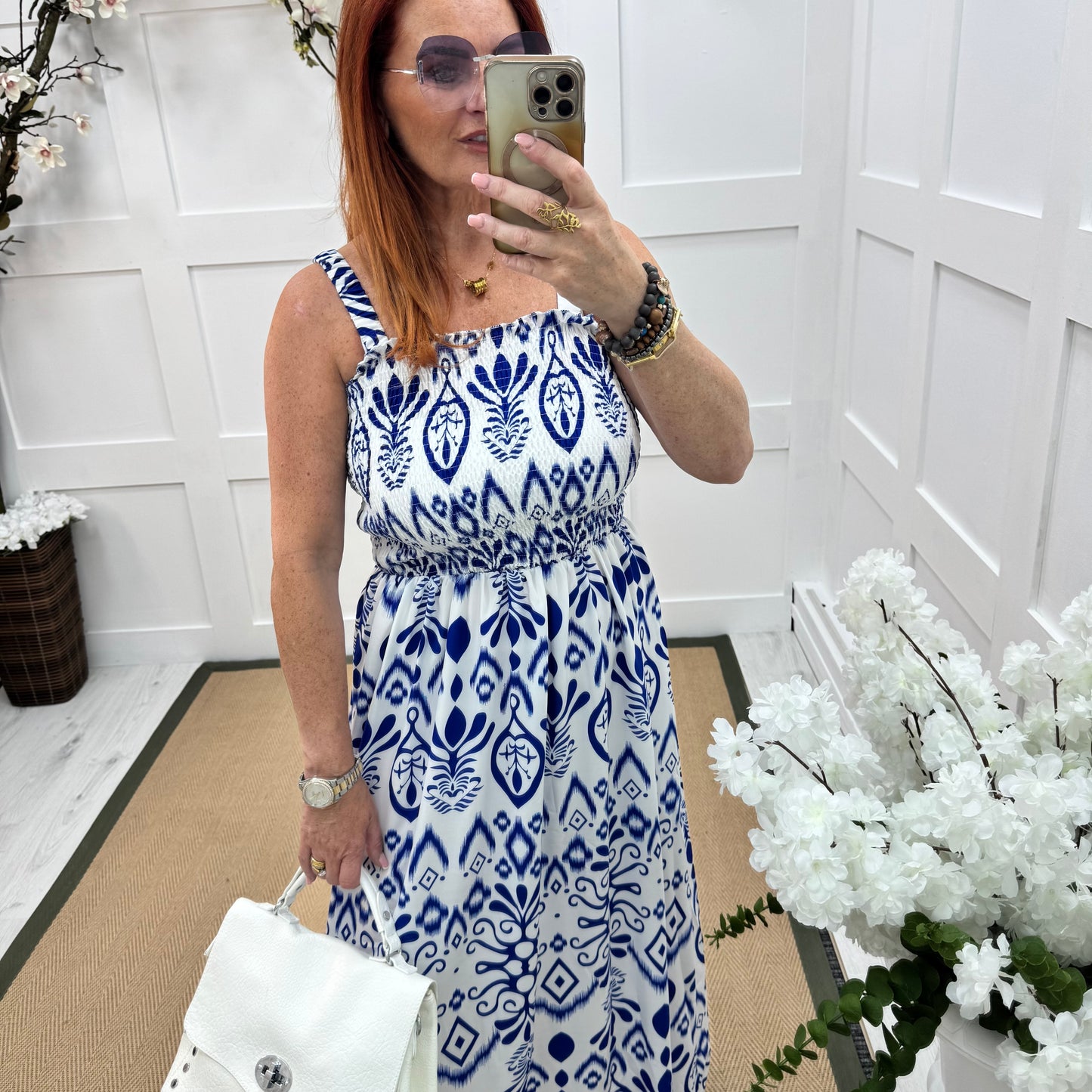 Tiffany: Royal blue & white shirred maxi dress. One size: 8-16