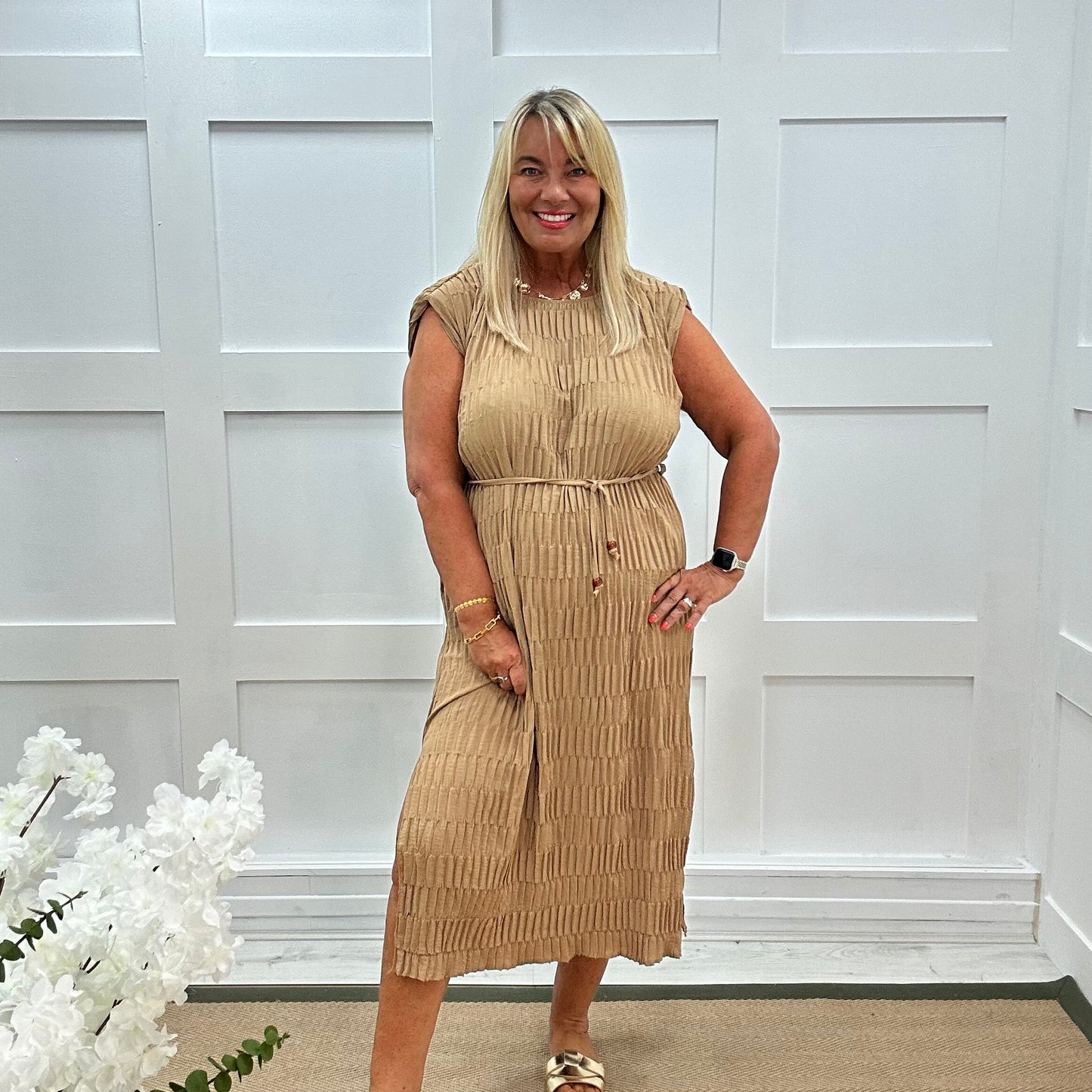 Serena: Sand waffle belted midi dress. One size 14-20