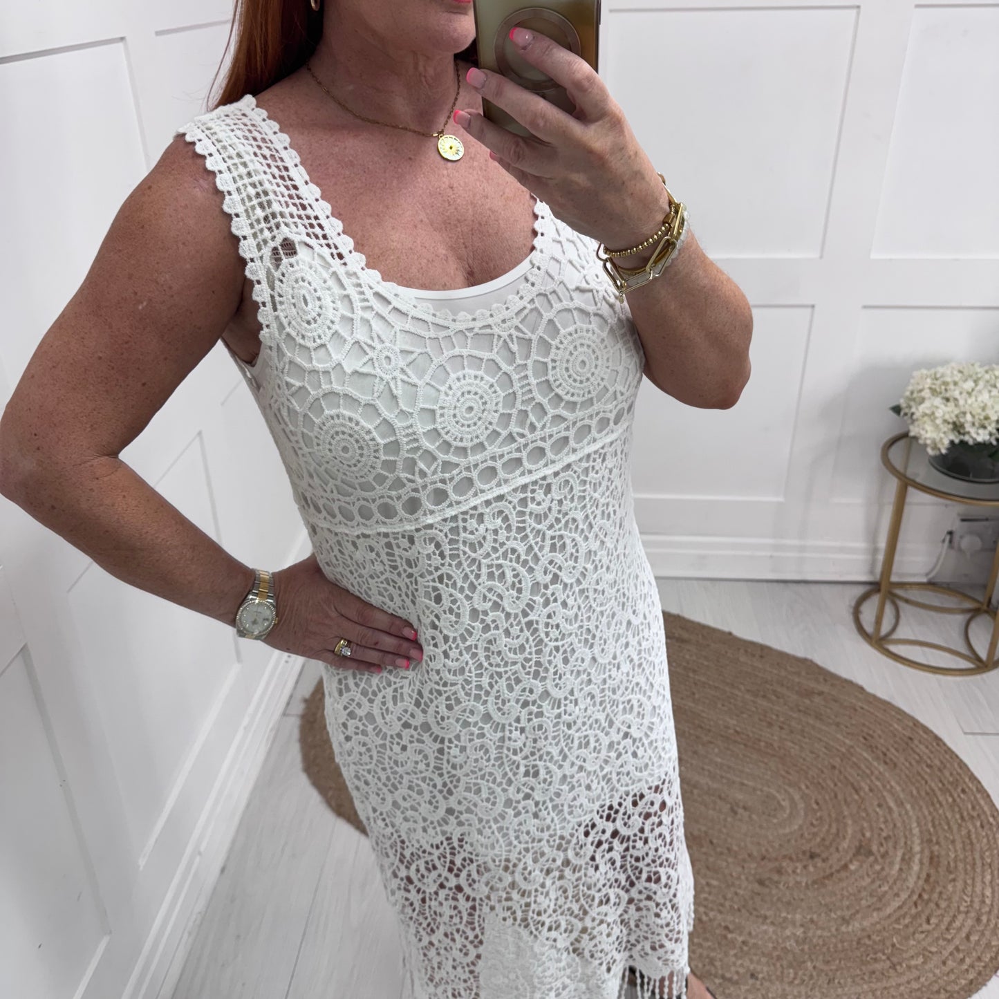 Abbie: Sleeveless white crochet knit dress. One size: 12-18