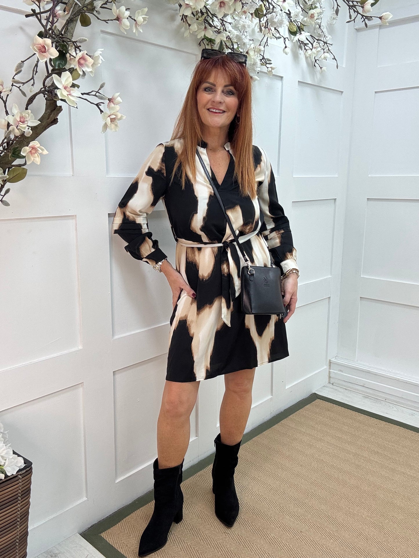 Lana: Black & cream print belted shirt dress.