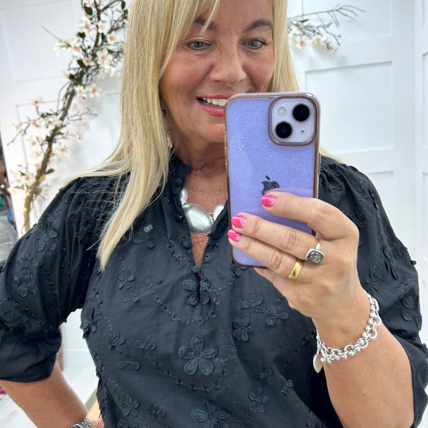 Joanie: Black cotton embroidered shirt. One size: 12-18