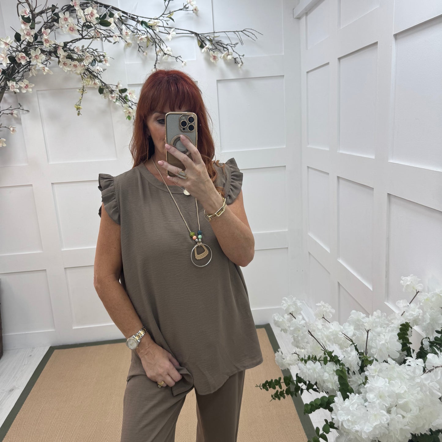 Ember: Mocha frill sleeve top & pendant. One size: 14-20