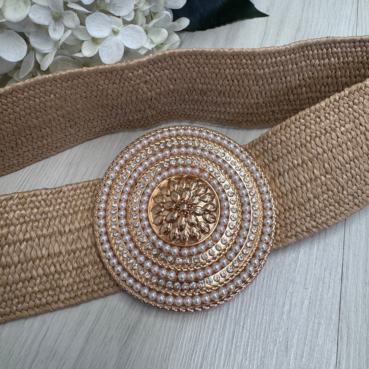 Perla: Beige round gold buckle wide belt. One size: 8-18