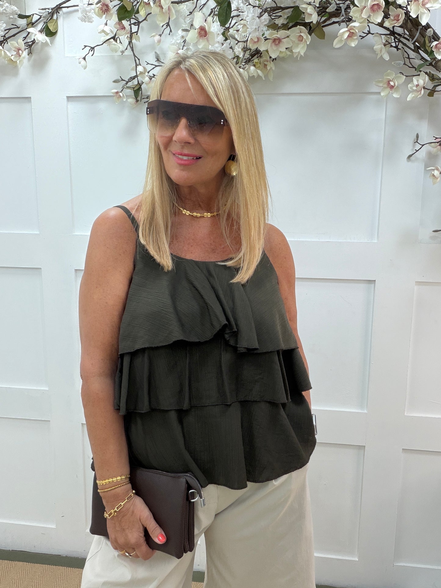 Riley: Ruffle strappy top. One size 10-16. 3 colours
