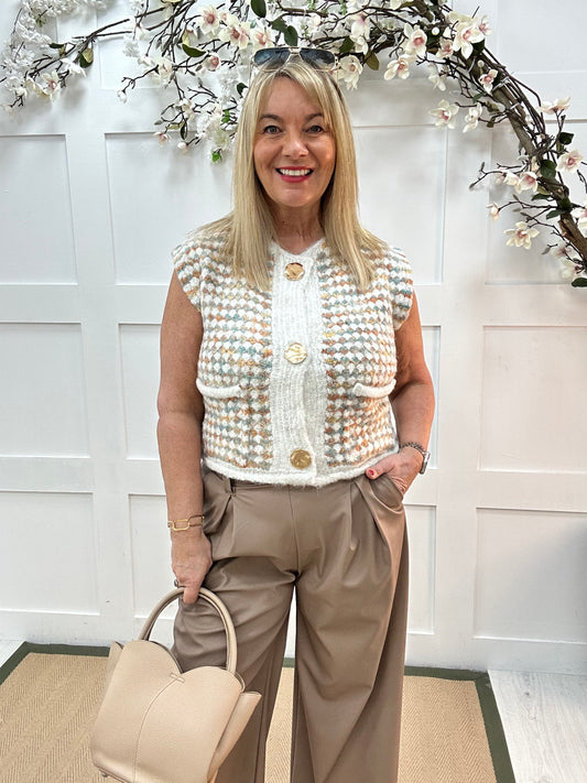 Katie: Multicoloured gold button knit waistcoat. One size: 14-18