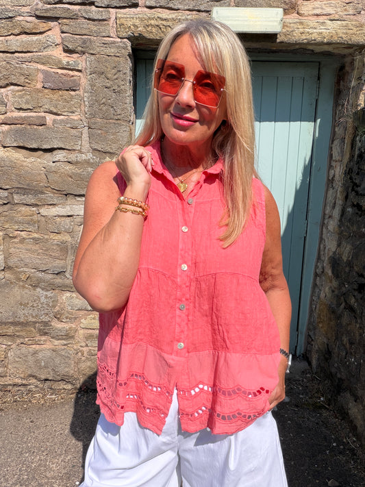 Rosa: Linen embroidered shirt top. One size: 12-16. 4 colours