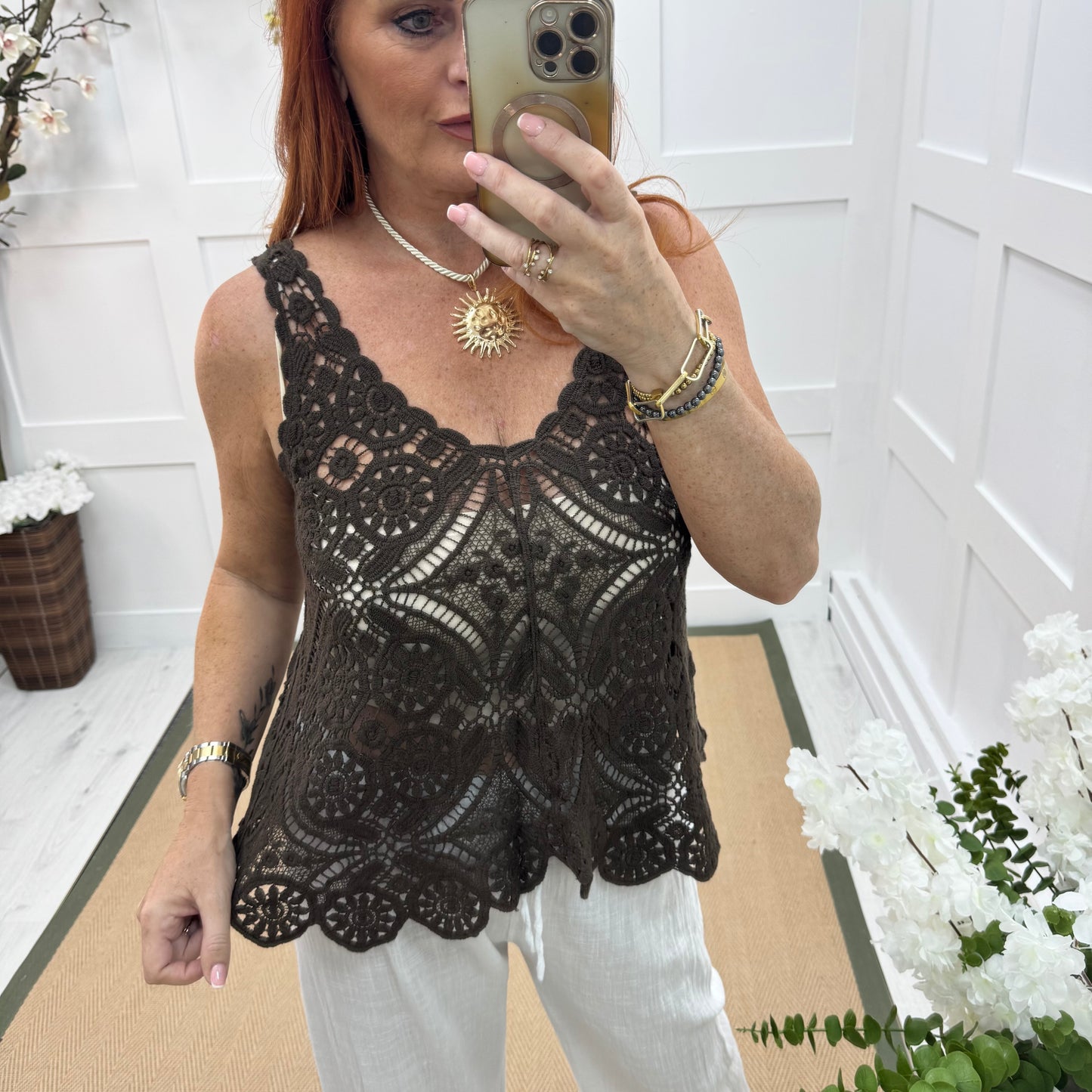 Stella: Brown crochet vest top. One size: 10-16
