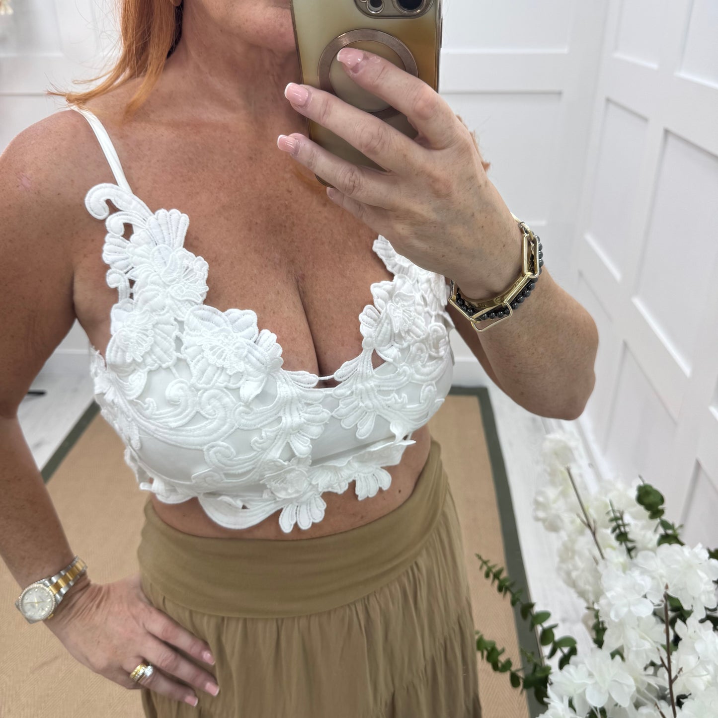 Lacey: White applique crop bralette. One size 8-14