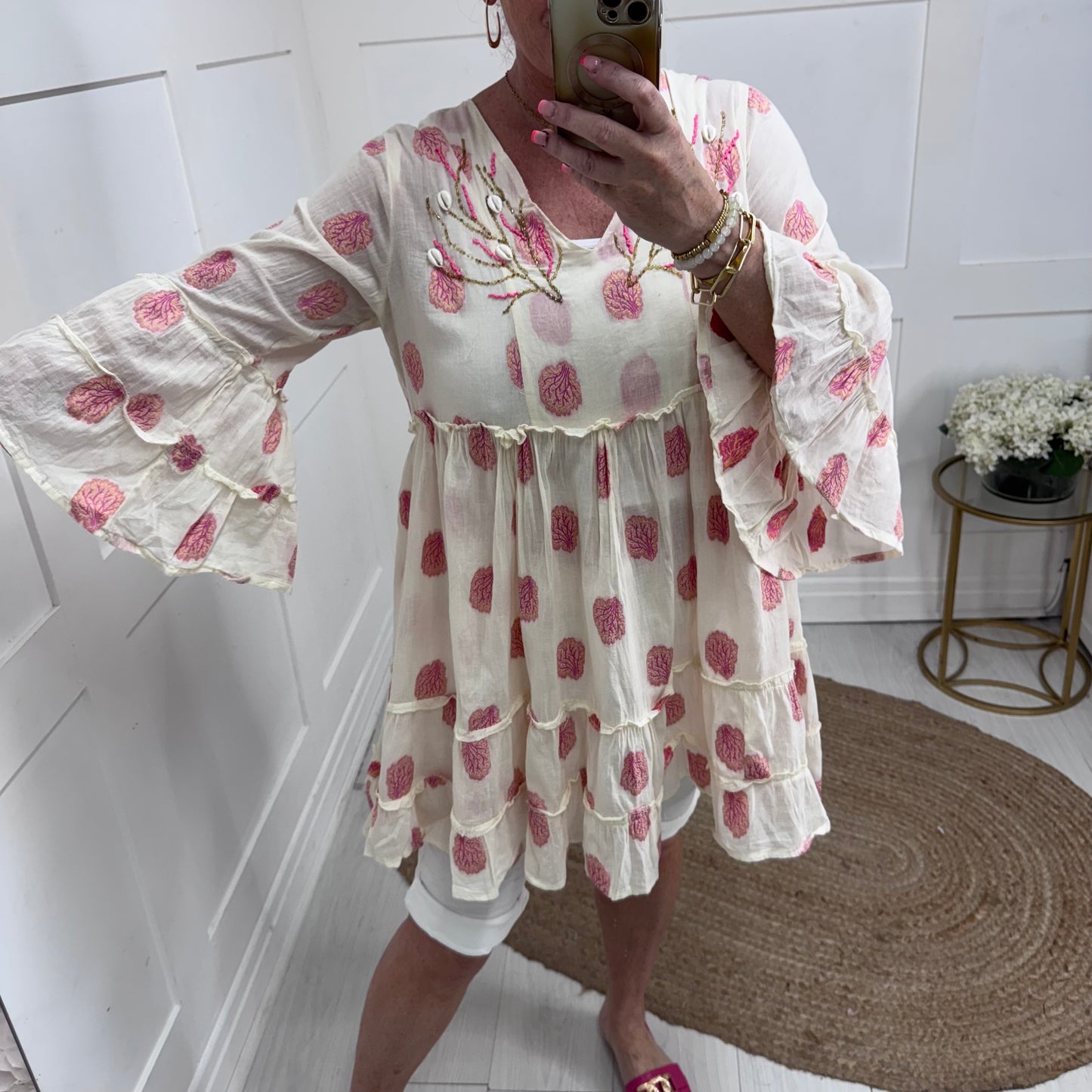 Lilia: Cream shell & embroidery tunic dress. One size: 12-16
