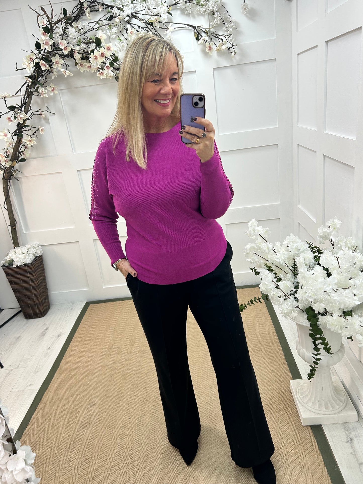 Arianne: Fuchsia sparkle cutout shoulder top. One size: 12-16