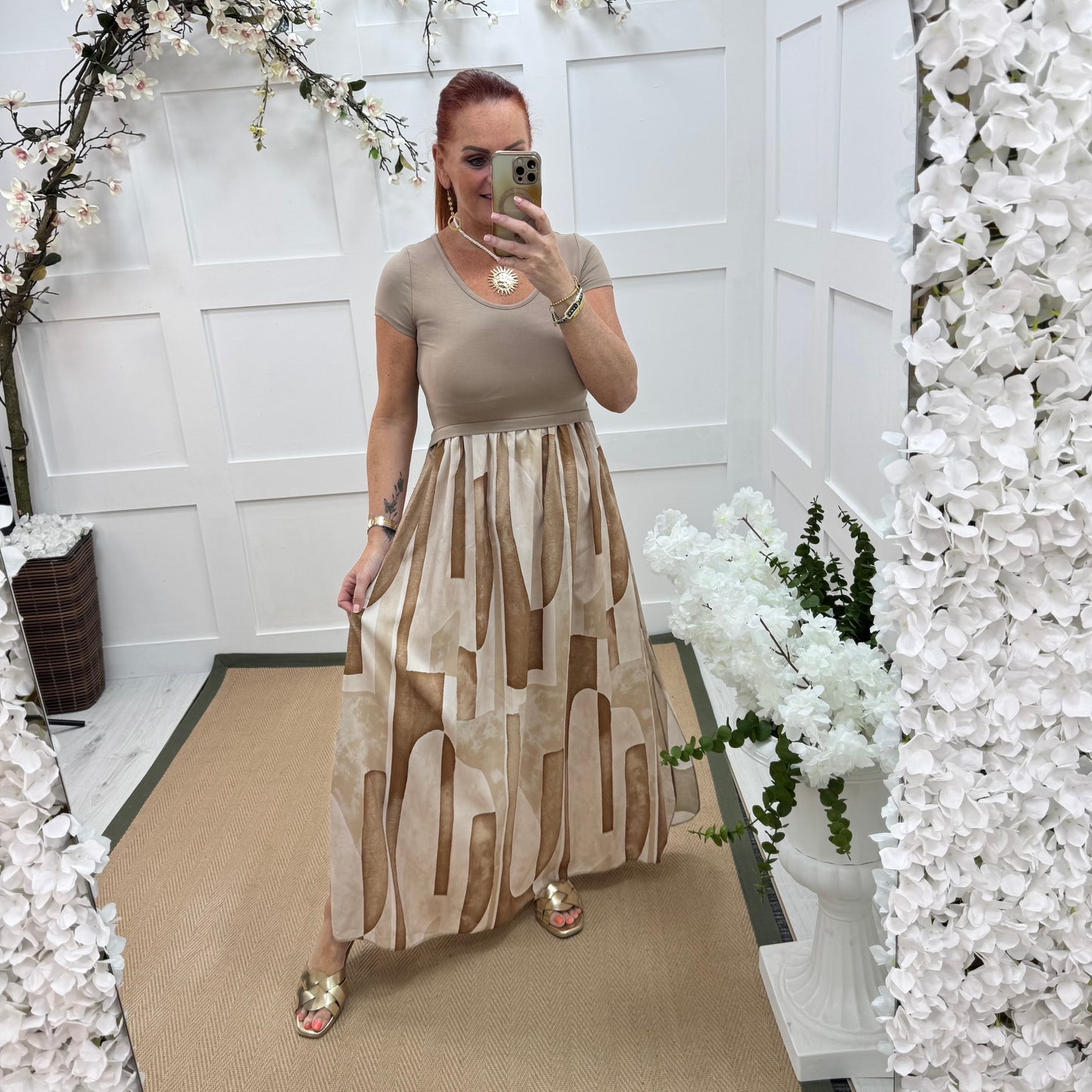 Willow: Beige & multicoloured T shirt dress. One size 10-18