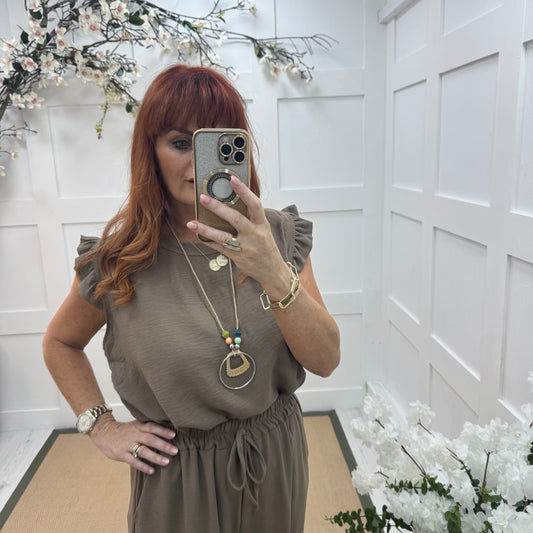 Ember: Mocha frill sleeve top & pendant. One size: 14-20