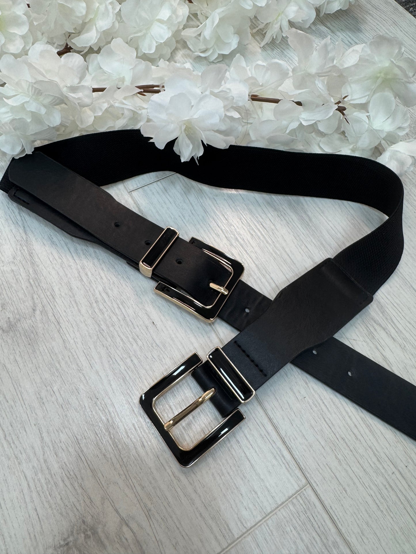Katia: Black gold double buckle wide belt. One size: 8-16