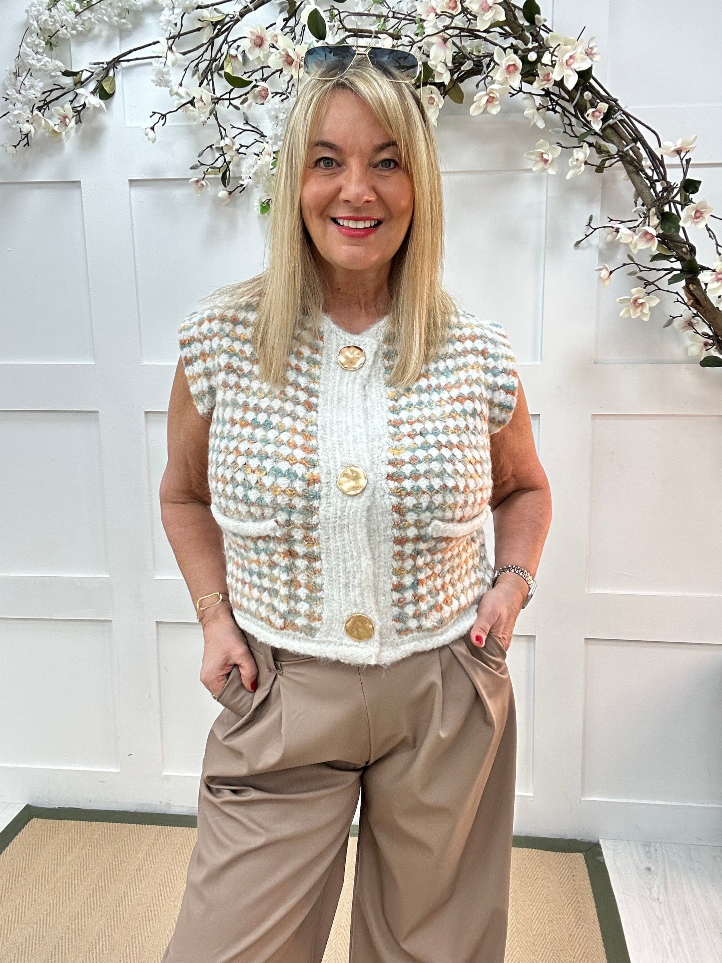 Katie: Multicoloured gold button knit waistcoat. One size: 14-18