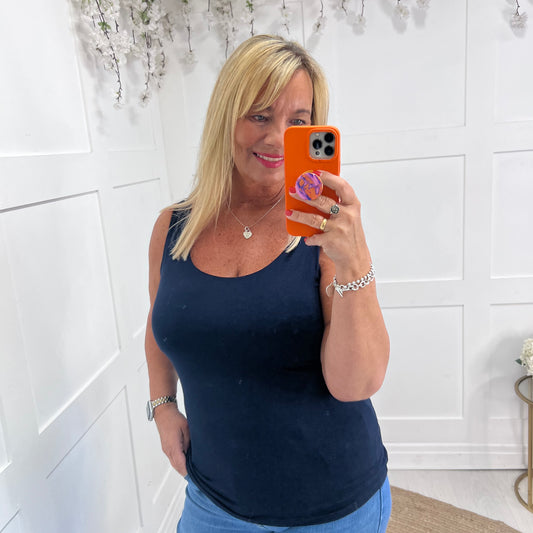 Abigail: Stretchy navy blue basic vest top. 2 sizes
