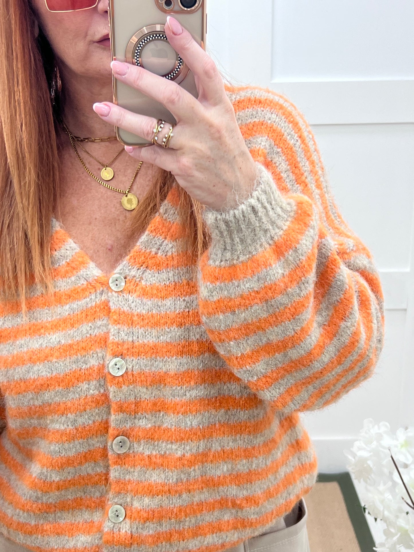Rowan: Orange stripe V neck cardigan. One size: 12-18