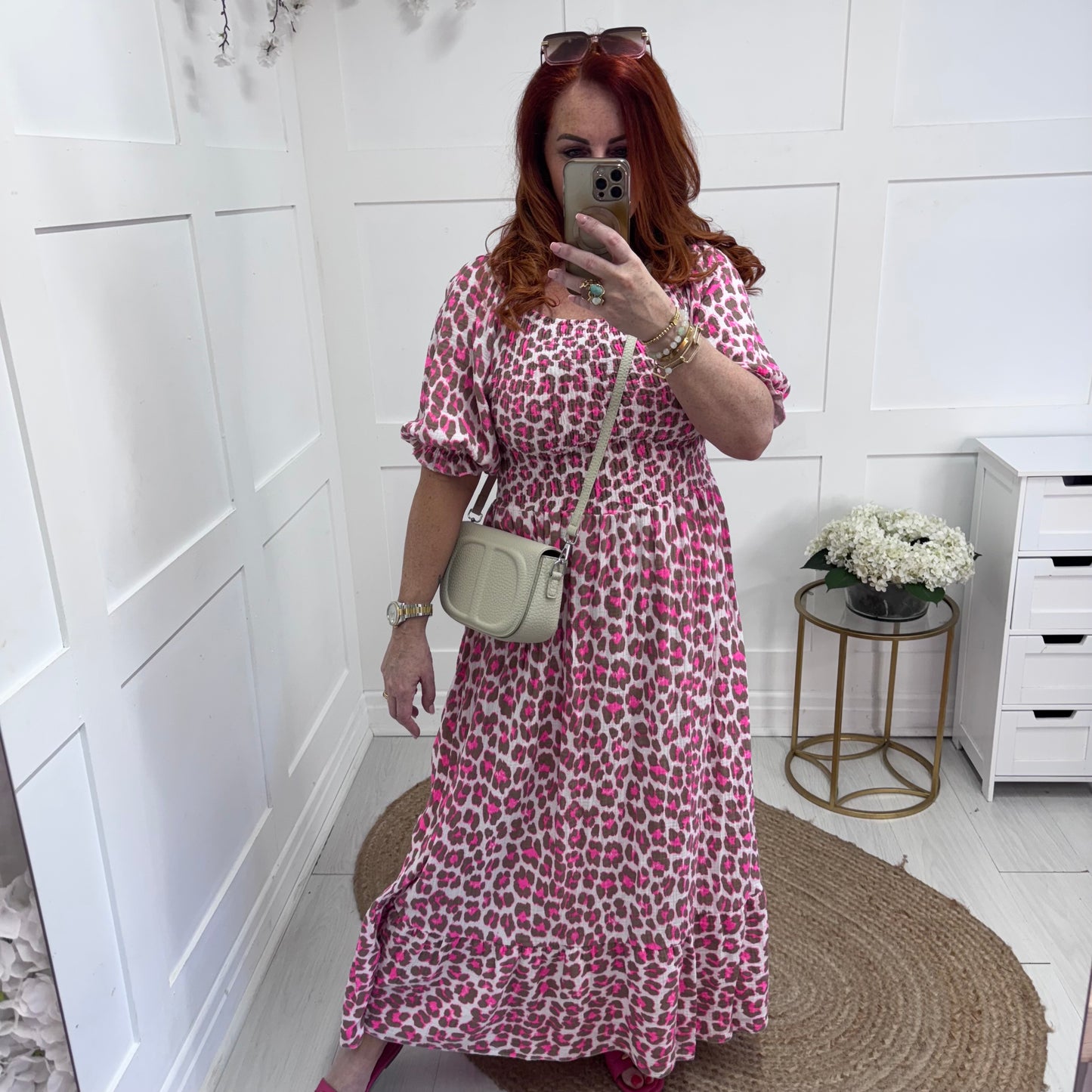 Cici: Neon pink leopard print stretchy maxi dress. One size: 10-22