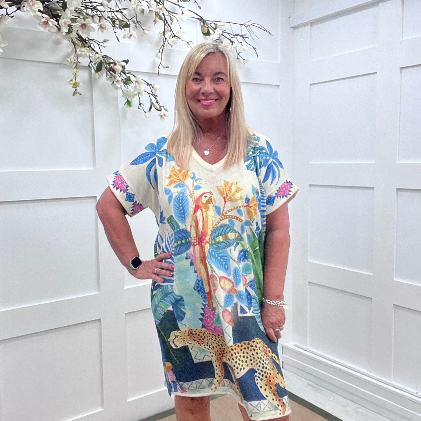 Phillipa: Blue & cream tropical fine knit dress. One Size: 14-20