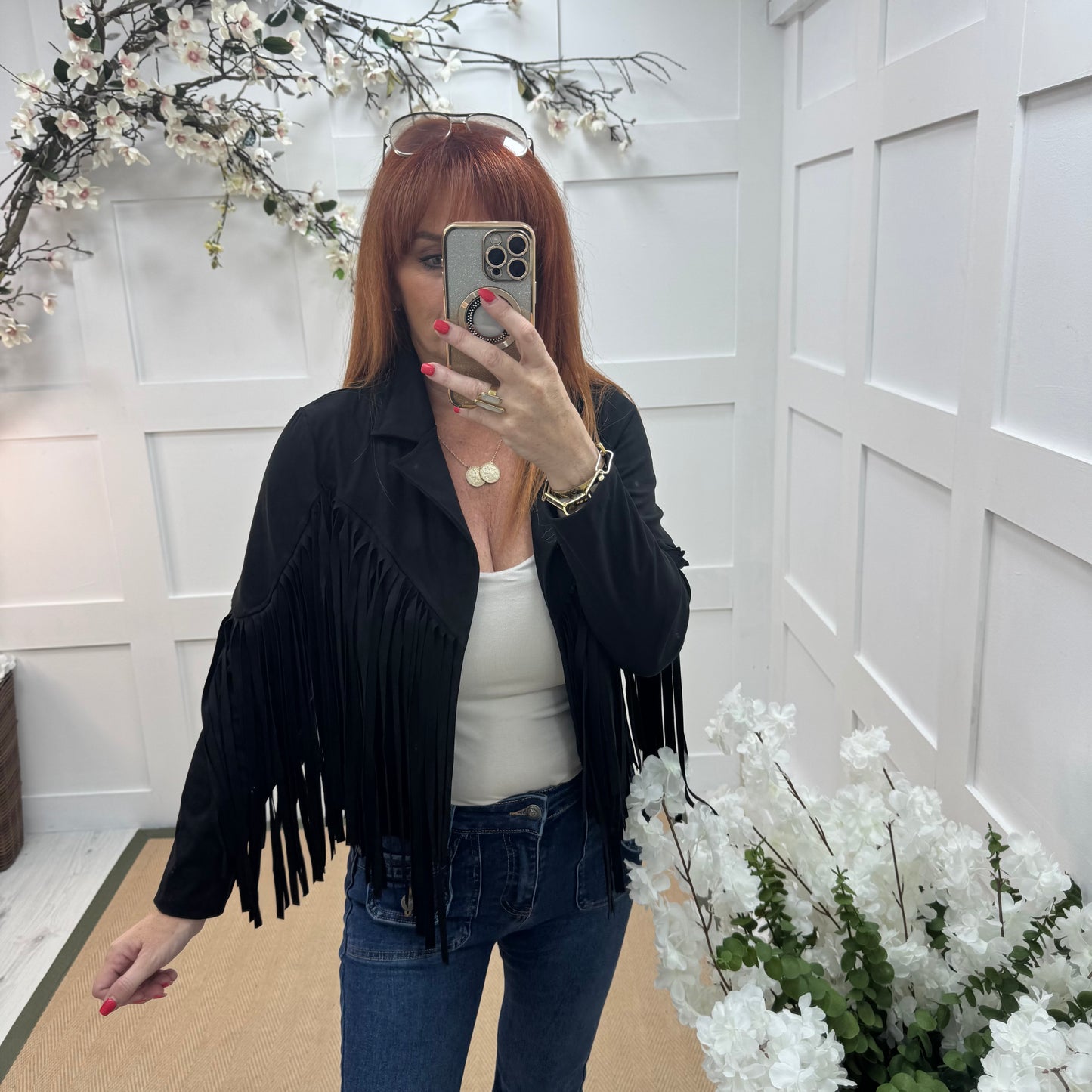 Heidi: Black short suede fringe jacket. One size: 8-14