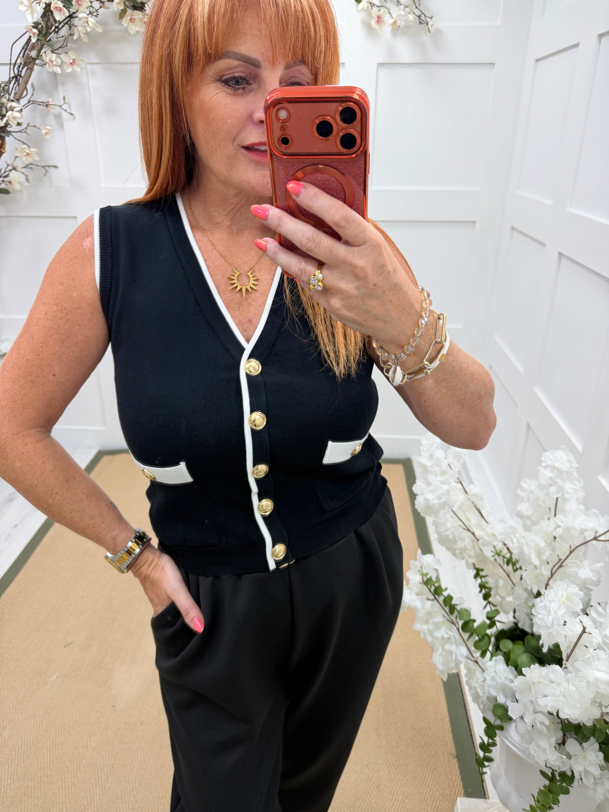 Lucille: Gold button waistcoat top. One size: 8-16. 3 colours