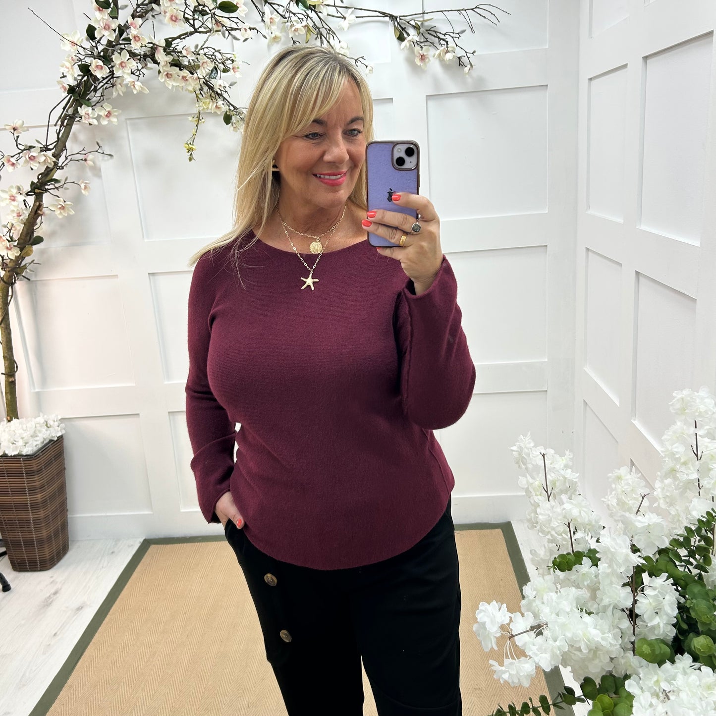 Mindy: Burgundy plain long sleeve knit top. One size: 10-16/18