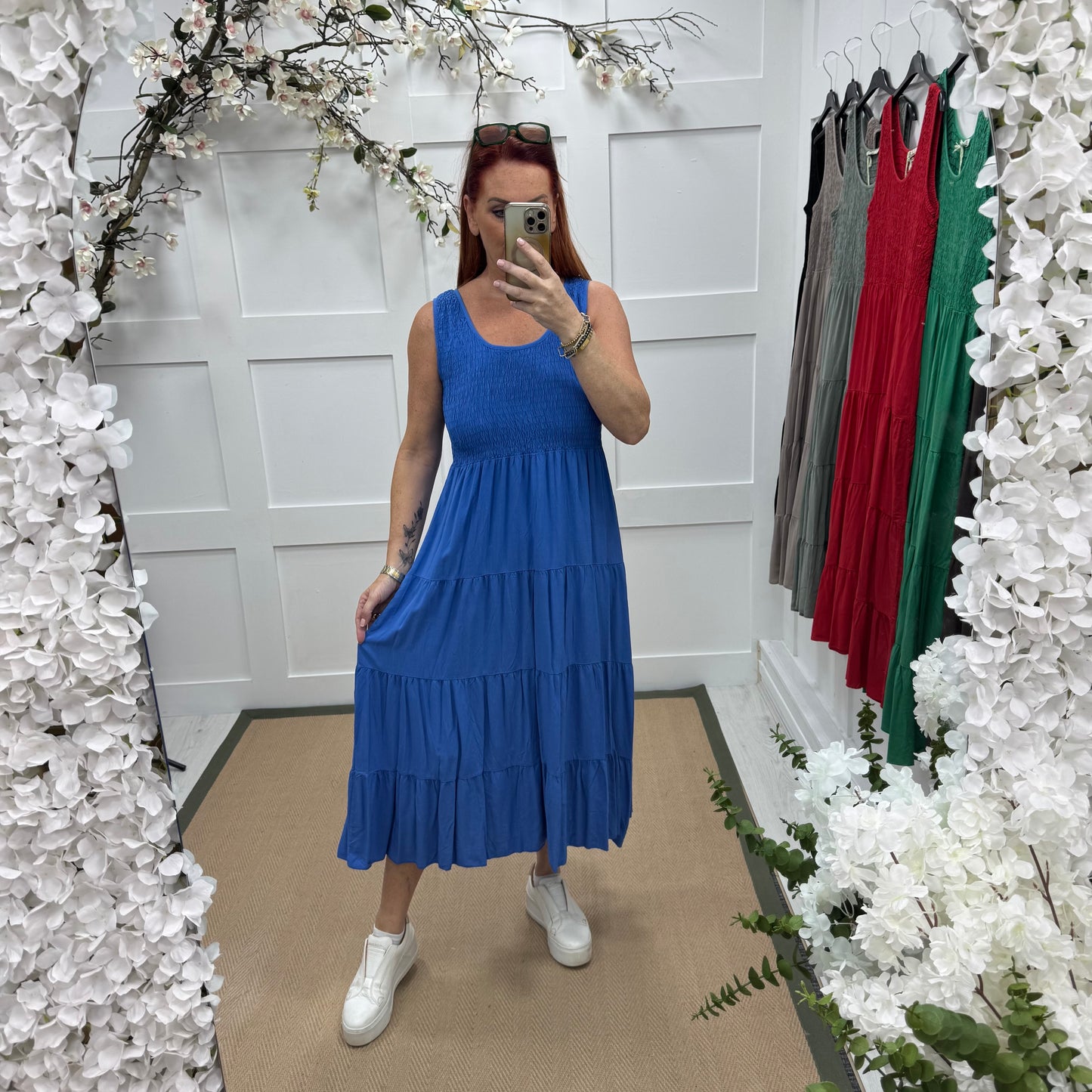 Melody: Blue shirred midi dress. One size: 12-18