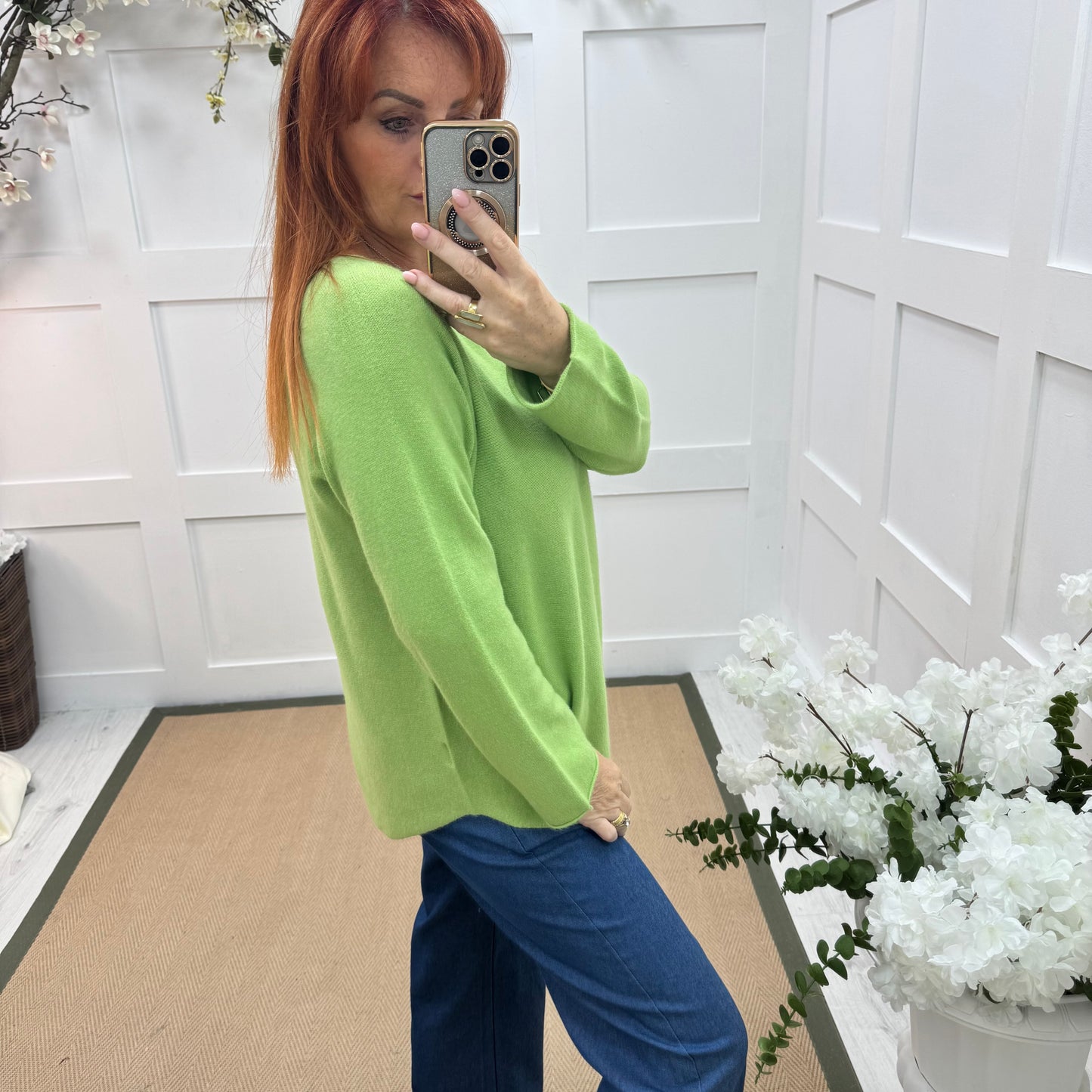 Mindy: Lime plain long sleeve knit top. One size: 10-16/18