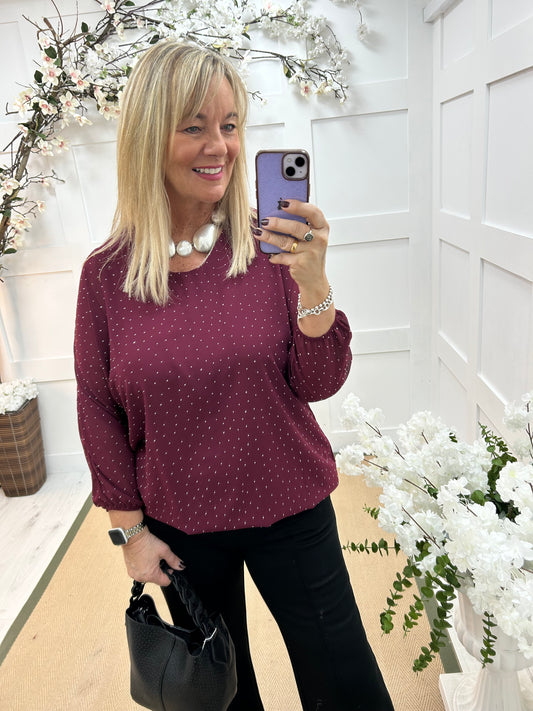 Ava: Burgundy diamanté sparkle top. One size: 12-18