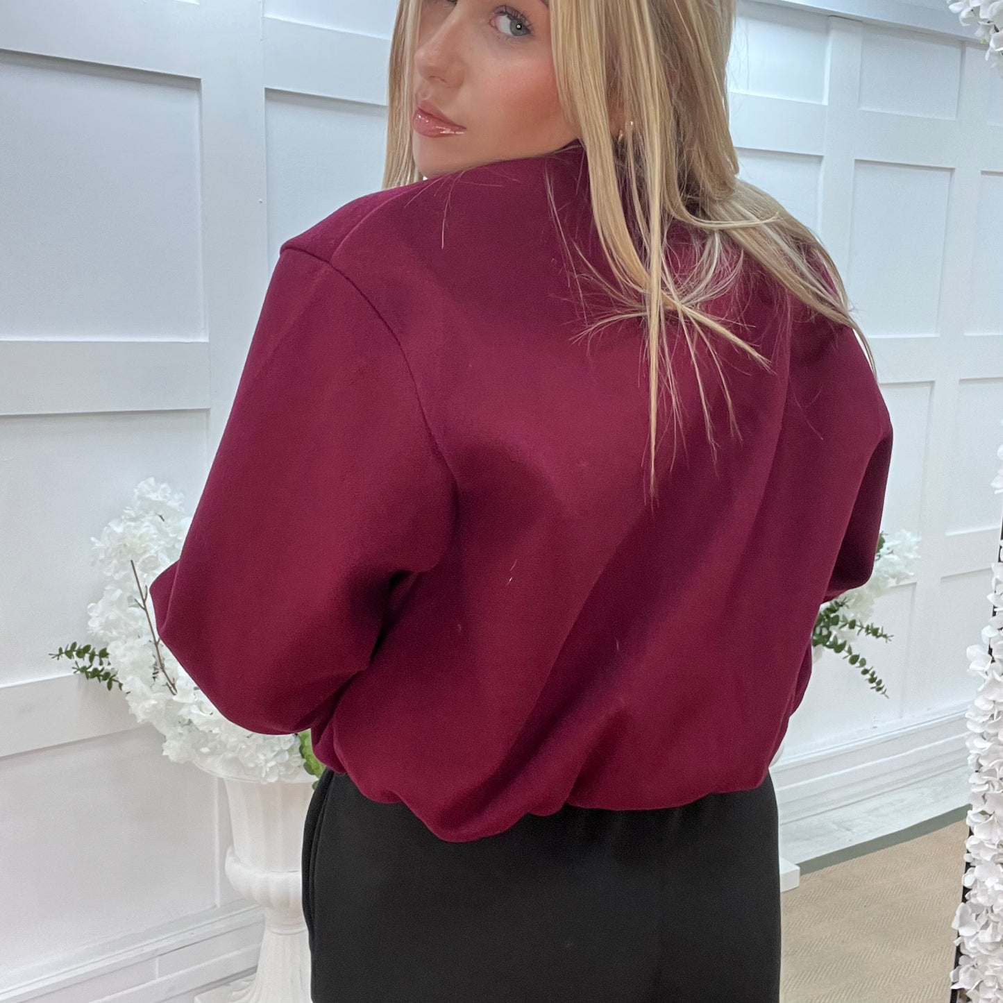 Jamiee: Burgundy soft feel bomber jacket. One size: 8-16