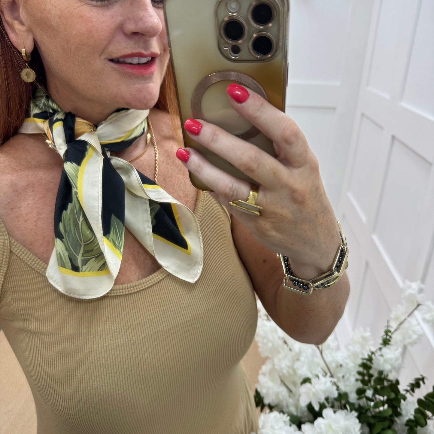 Lara: Black & Orange flower print silky neck scarf