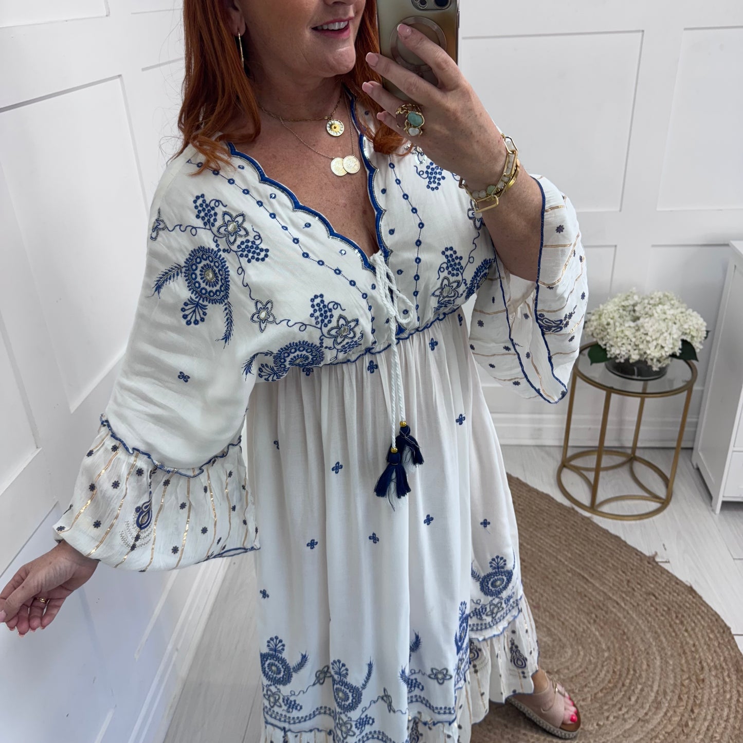 Carlie: White & blue bohemian maxi dress. One size: 12-18