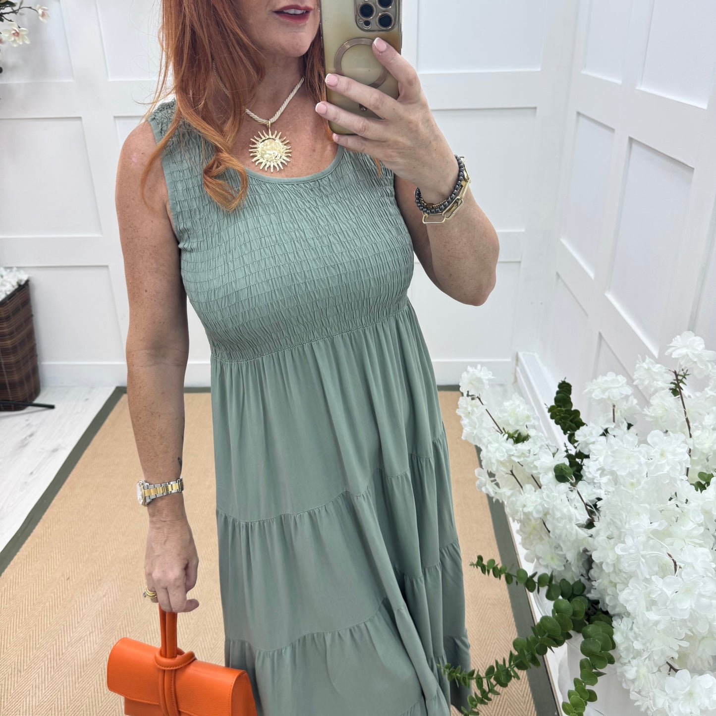 Melody: Khaki shirred midi dress. One size: 12-18