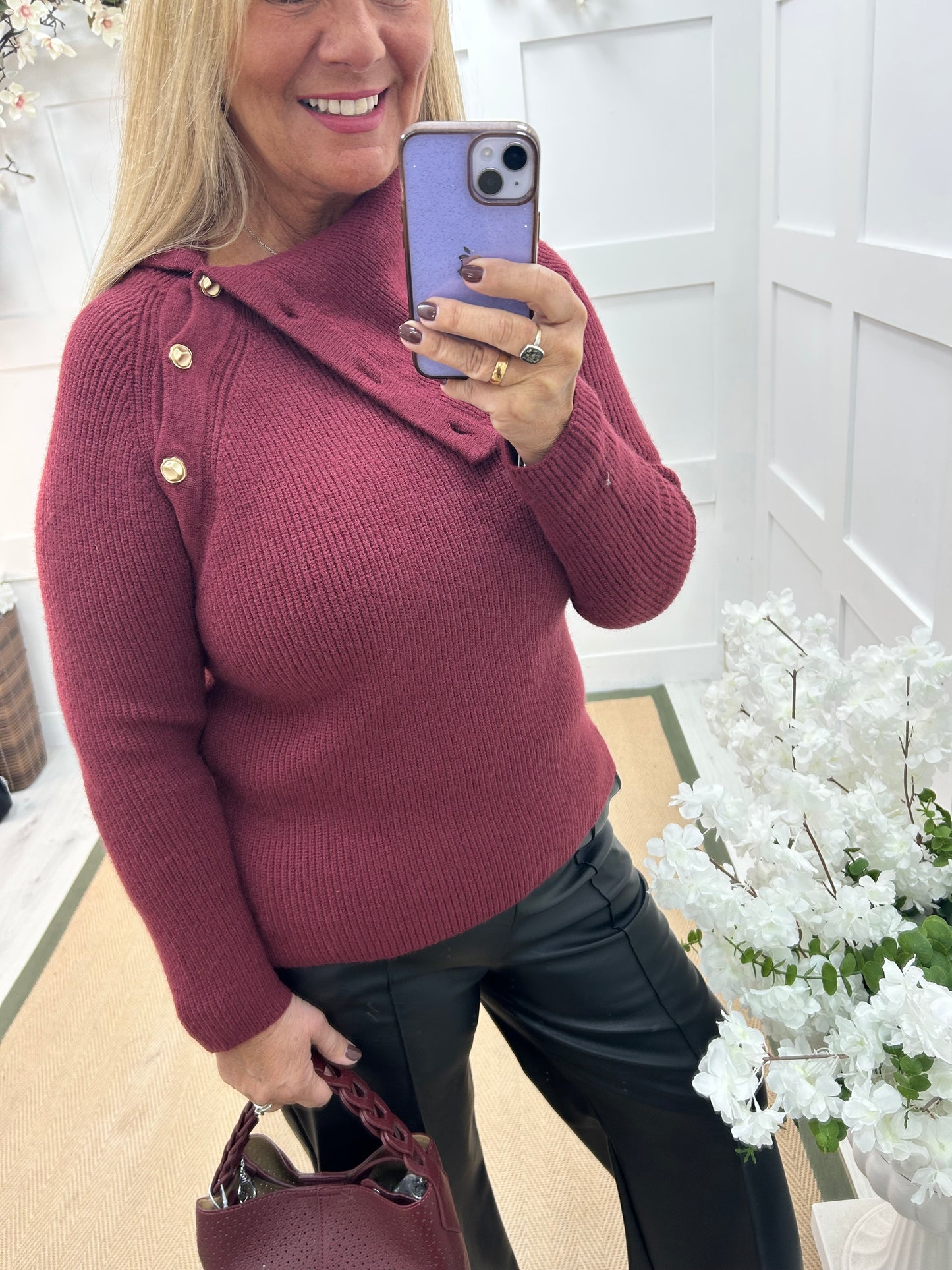 Rumer: Burgundy split neck button top. One size 12-18