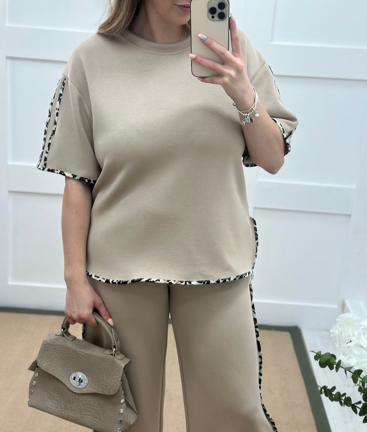 Malka: Stone leopard print stripe loungewear set. One size: 12-18