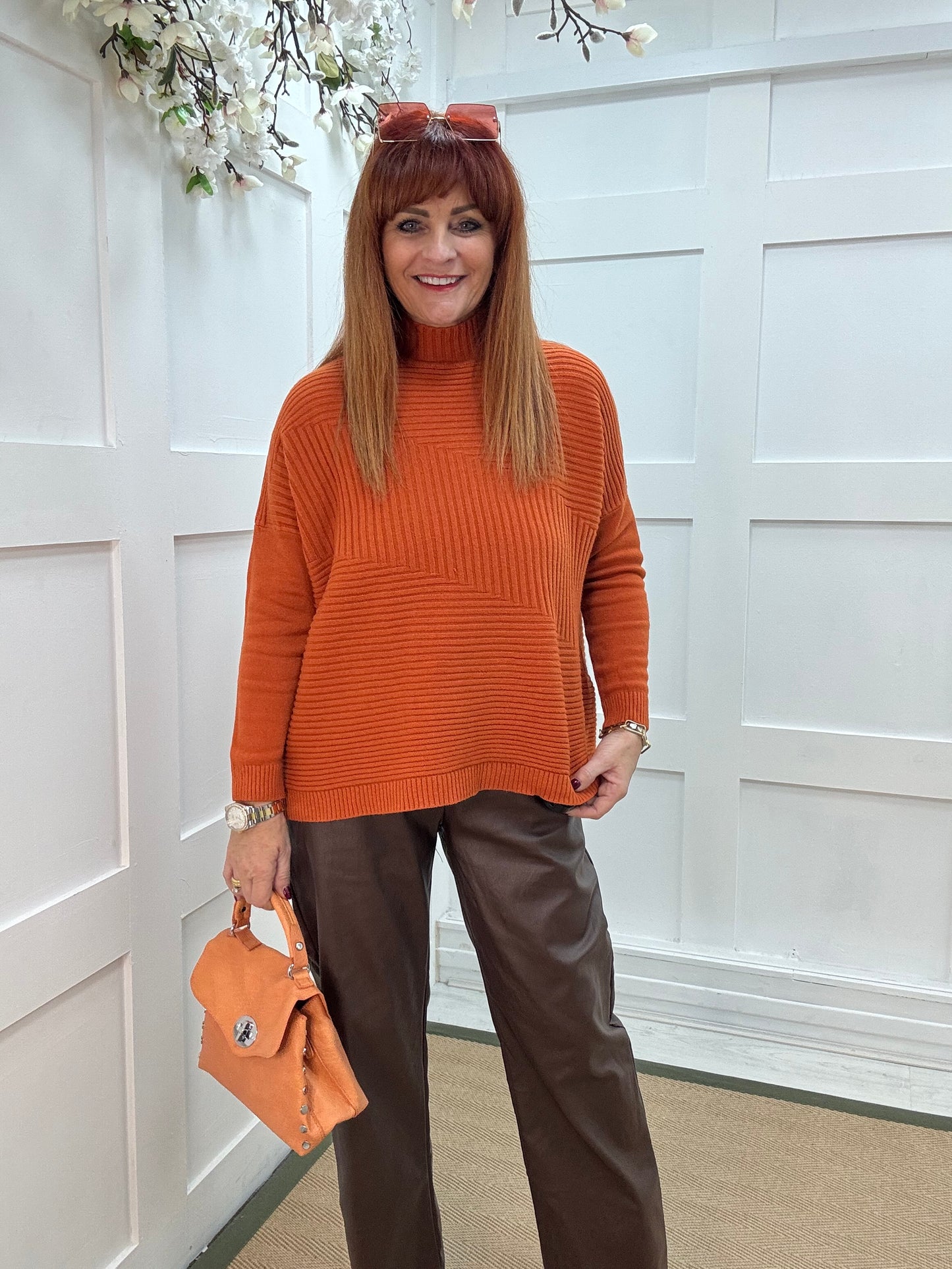 CJ: Orange high neck knitted top. One Sz: 12-18
