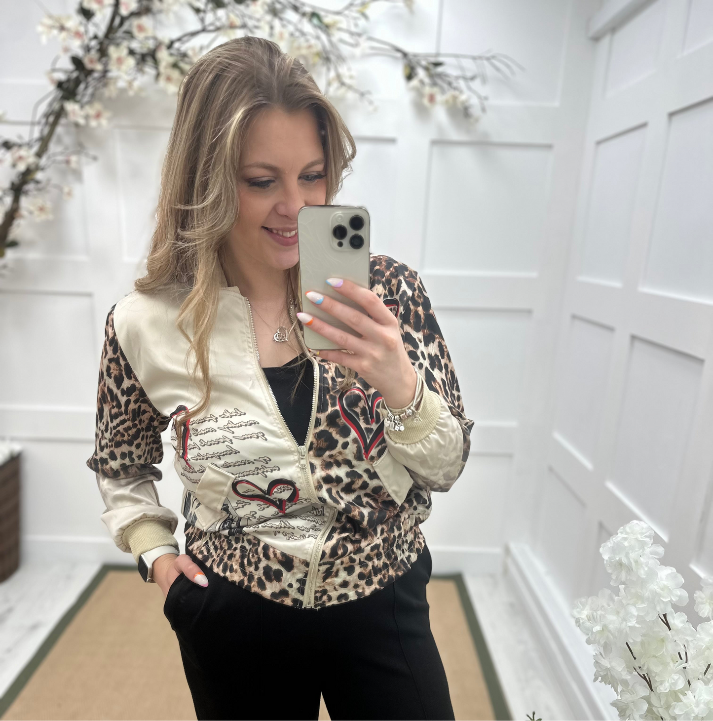 Jada: Silky leopard print & heart bomber jacket. One size: 10-16