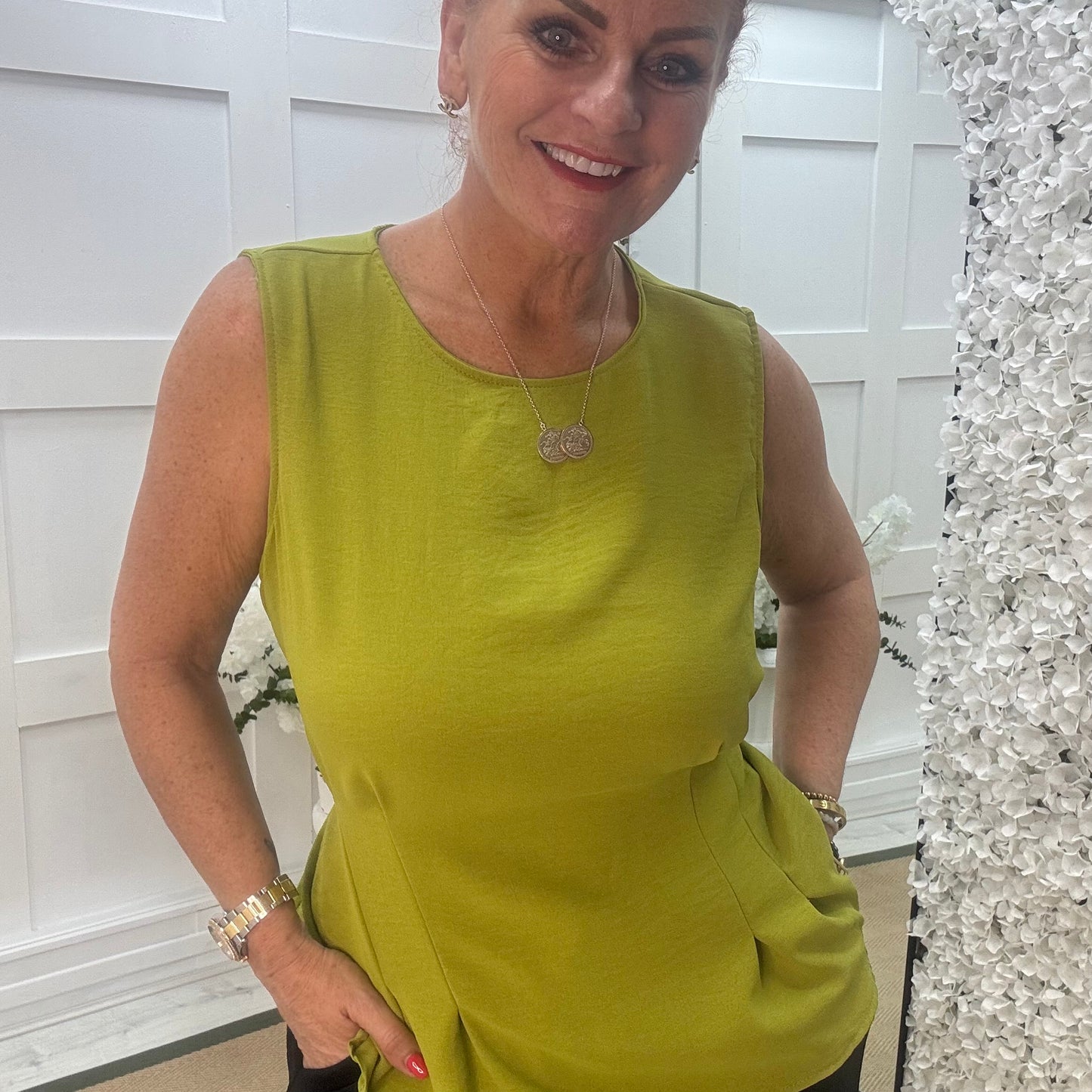 Maisie: Lime tie waist peplum top. One size: 14-18