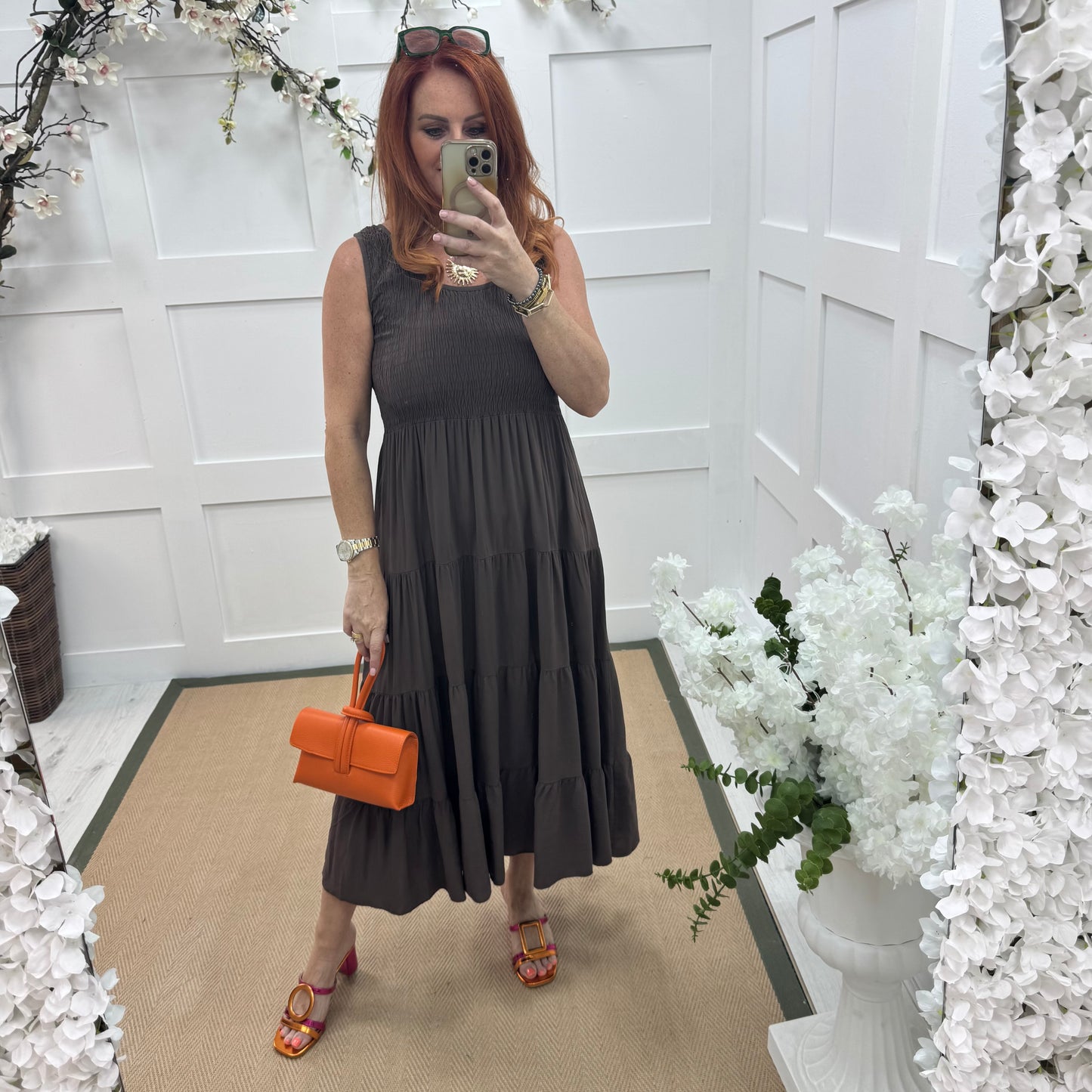 Melody: Brown shirred midi dress. One size: 12-18