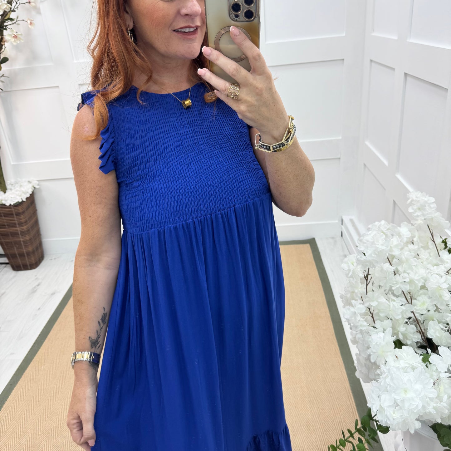 Jazz: Blue shirred maxi dress. One size 10-18