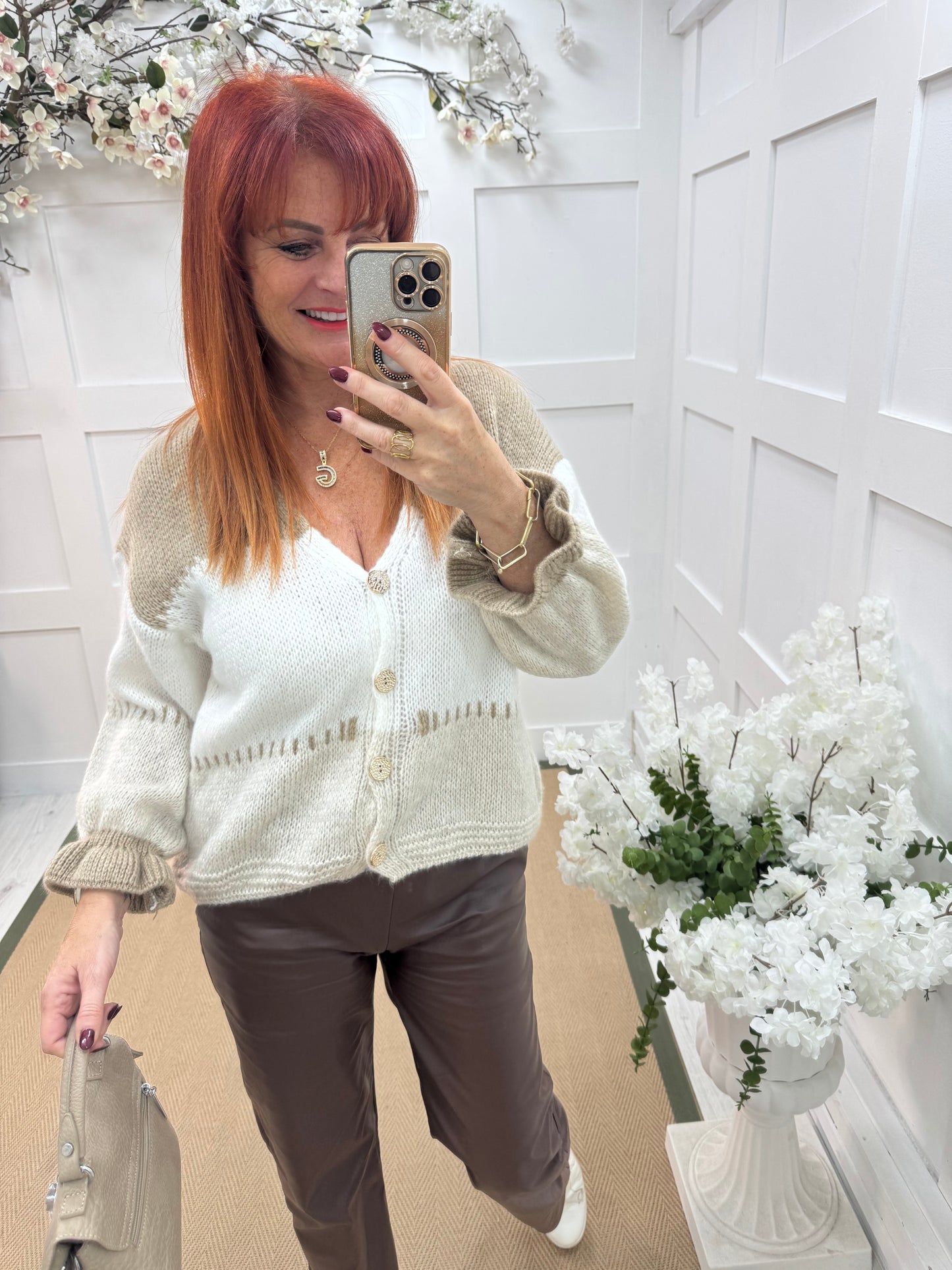 Sophia: Cream & mocha knit cardigan. One size: 12-18