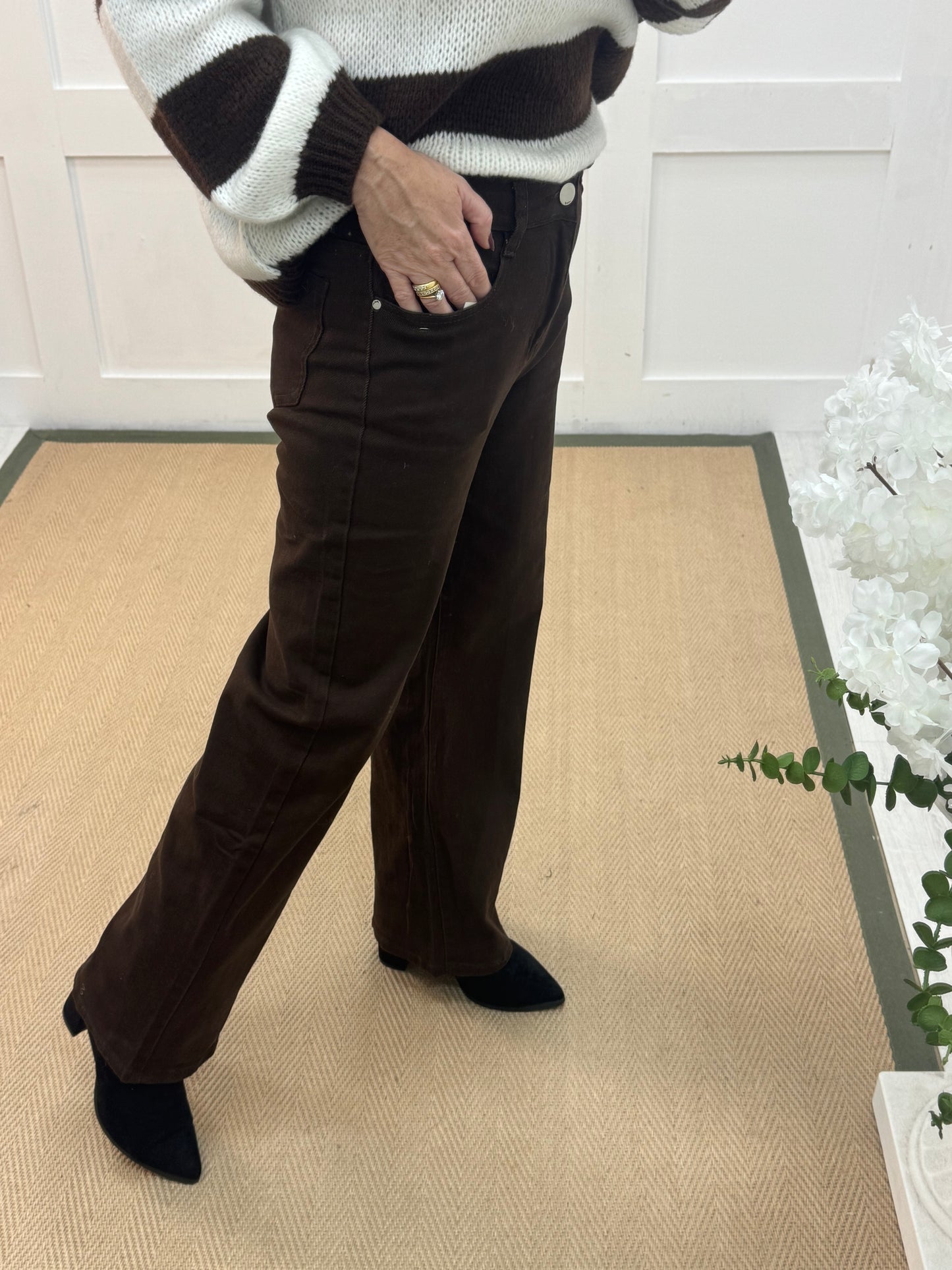 Beau: Brown high waist wide leg jeans. Sizes: 10-20