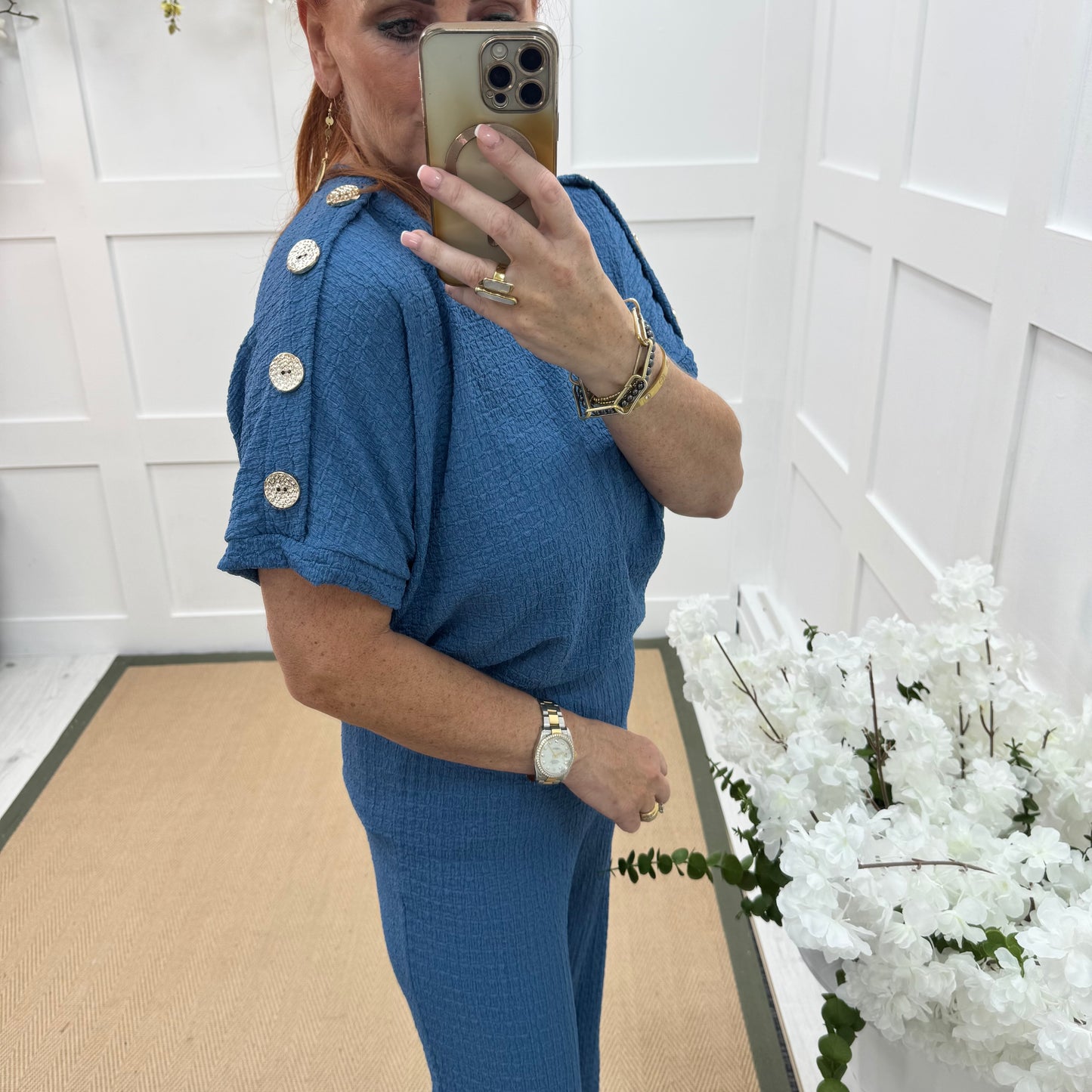 Tasha: Blue & gold button loungewear set. 2 sizes