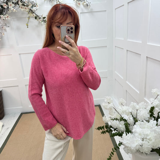 Mindy: Raspberry pink plain long sleeve knit top. One size: 10-16/18