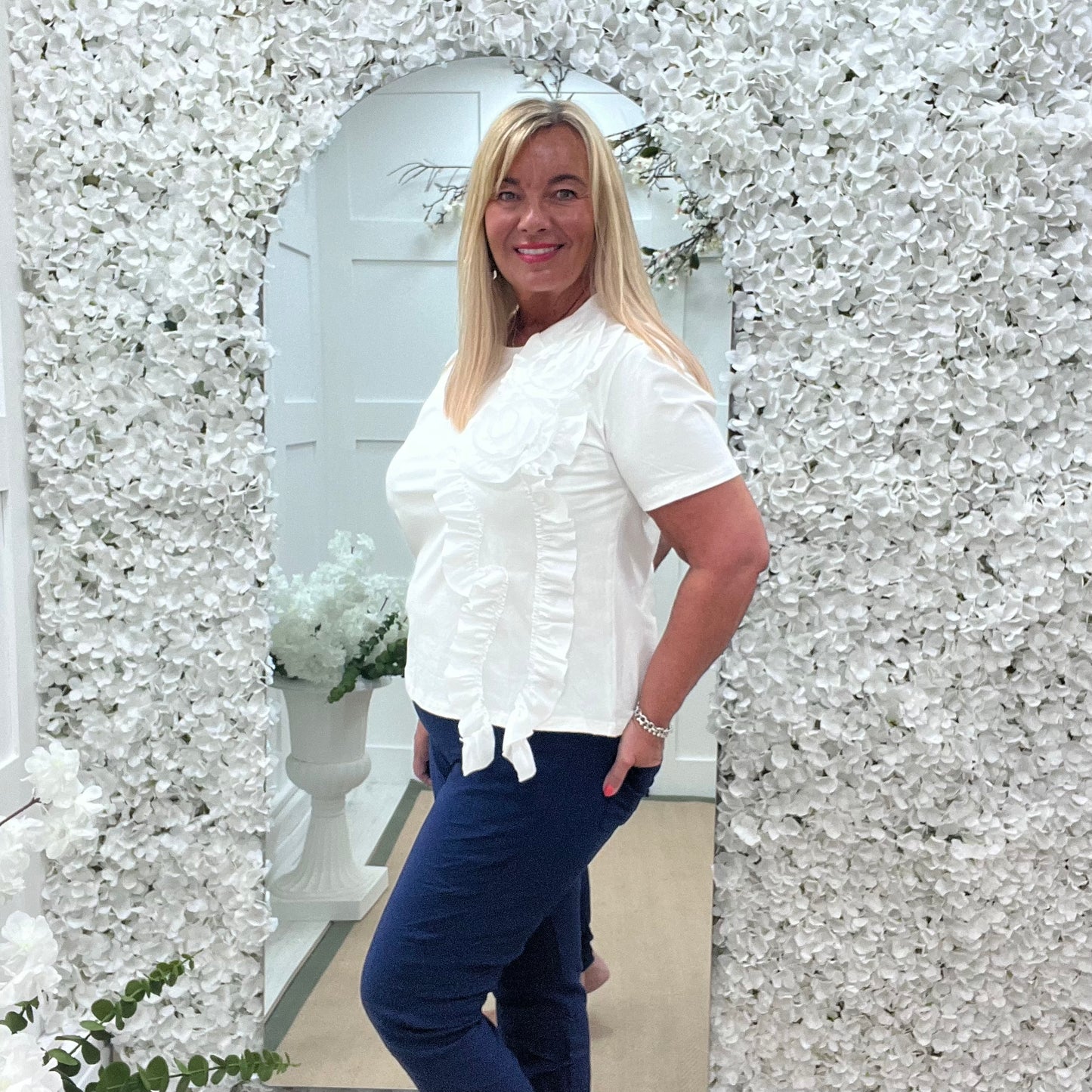 Amalia: White huge ruffle flower top. One size: 14-18