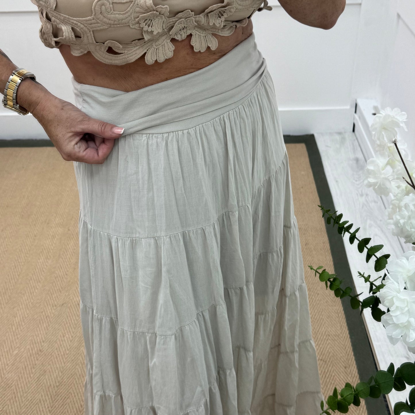 Pearl: Cream cotton tiered maxi skirt dress. One size: 10-16