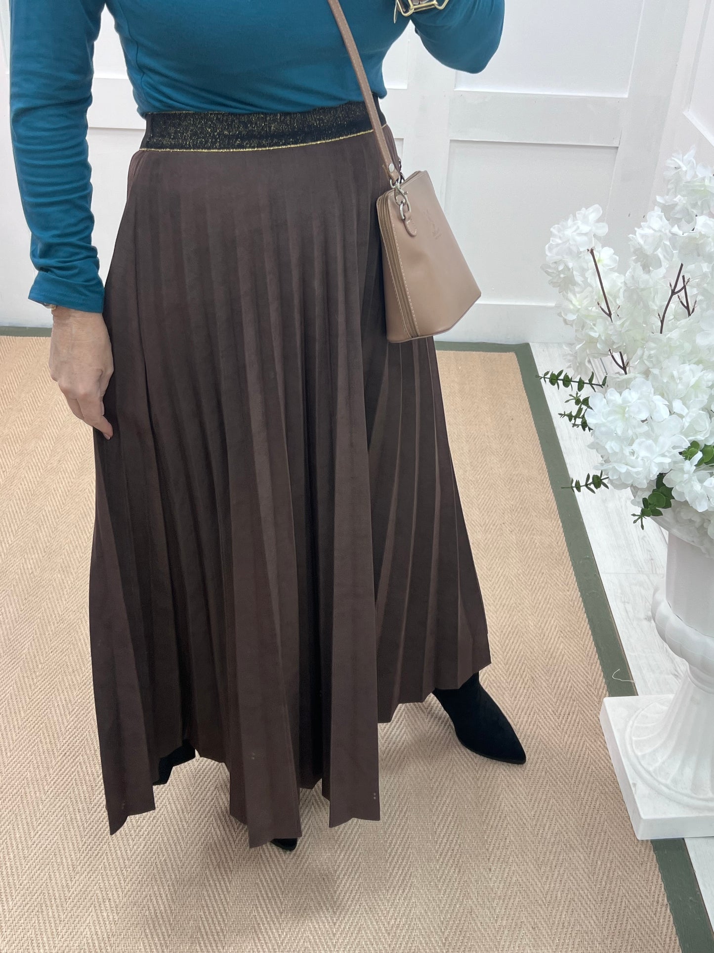 Mara: Brown suedette pleated maxi skirt. One size: 12-16