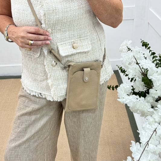 Petra: Taupe Italian leather phone cross body bag