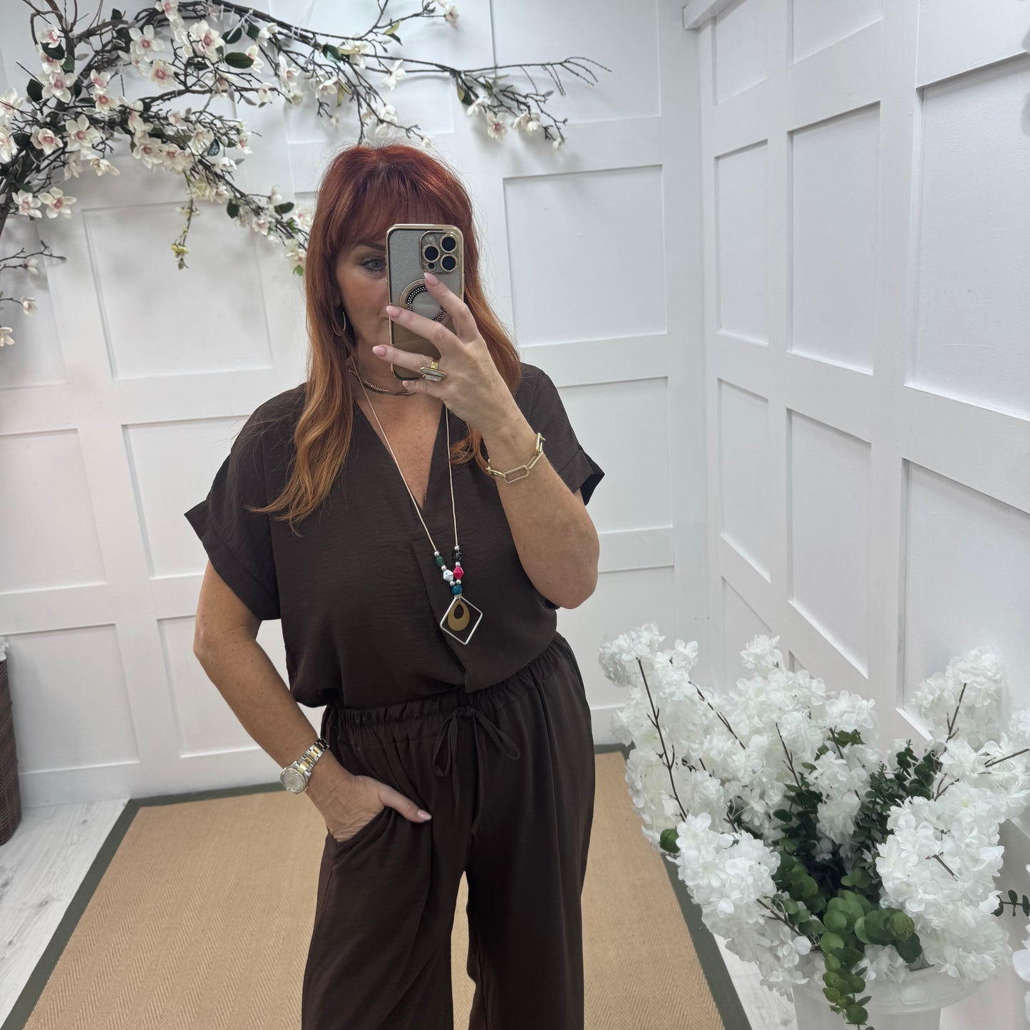 Eliza: Brown V neck top & pendant. One size: 14-20