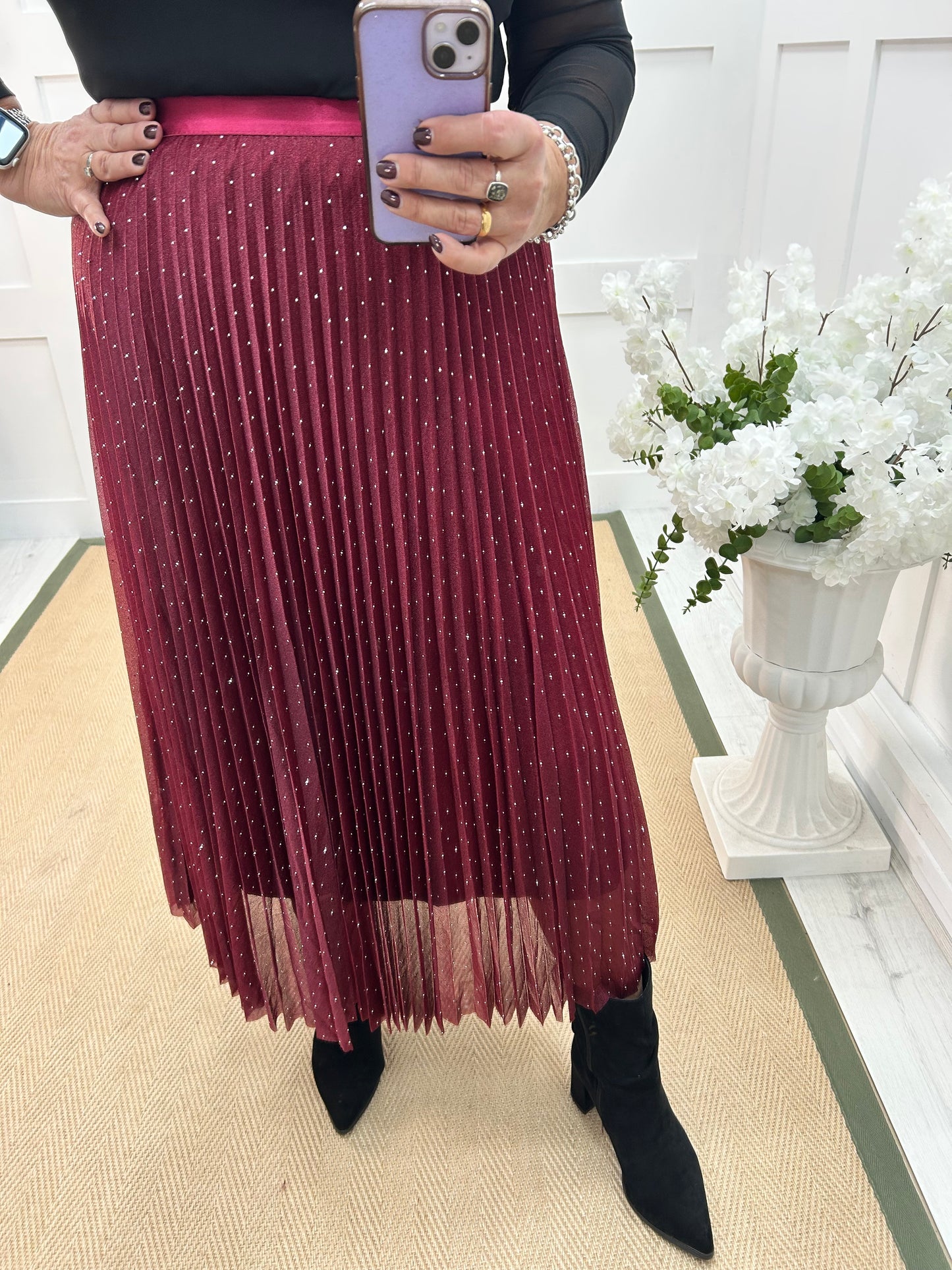 Natalie: Burgundy diamanté maxi skirt. One size 12-16