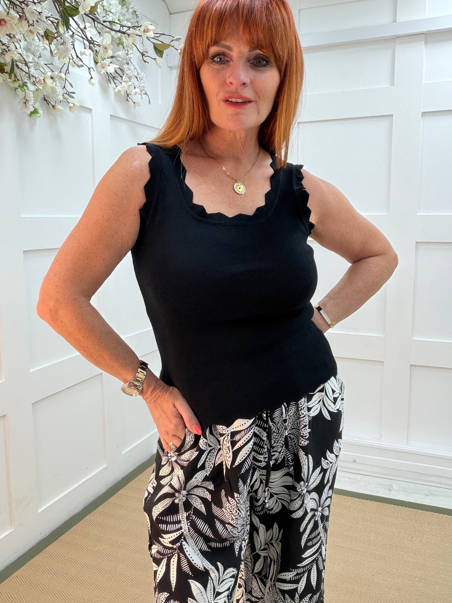 Sadie: Stretchy scalloped neck vest. One size: 8-14. 2 colours